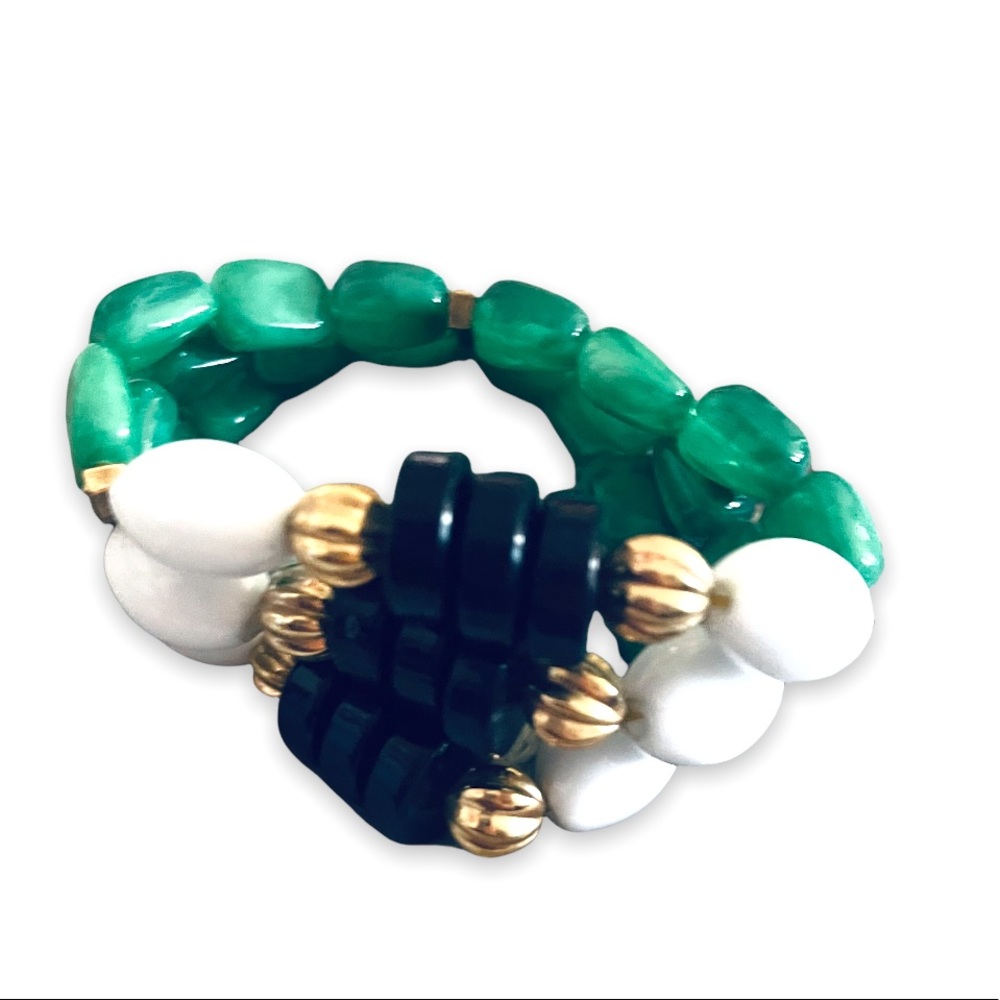 Vintage Extra Wide 3 Strand Egyptian Jade Lucite Beads Engraved Bracelet - Picture 5 of 11